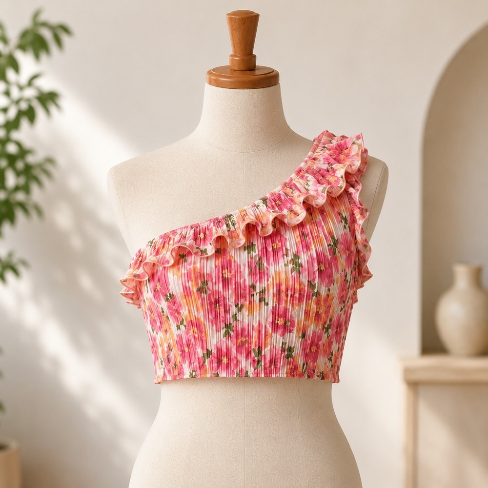 NWT Lush One Shoulder Top Womens Medium Blush Pink Floral Pleated Tiered Ruffle‎